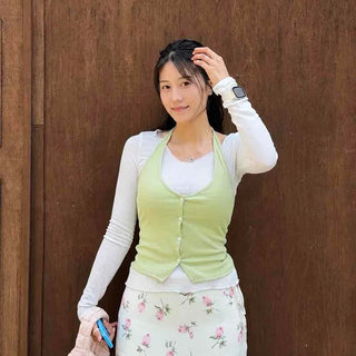 Button Ribbon Plain Fitted Slim Fit Sleeveless