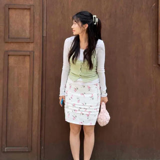Rubel Shirred String Flower Wrap H-Line Midi Skirt