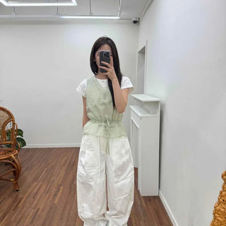 Loose-fit String Pintuck Cut Wide Daily Long Pants