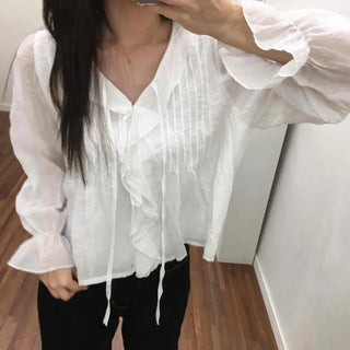 Loose Fit Plain Frill Pintuck String Long Sleeve Blouse
