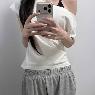 Off-shoulder Loose Fit Plain Casual Short Sleeve T-shirt