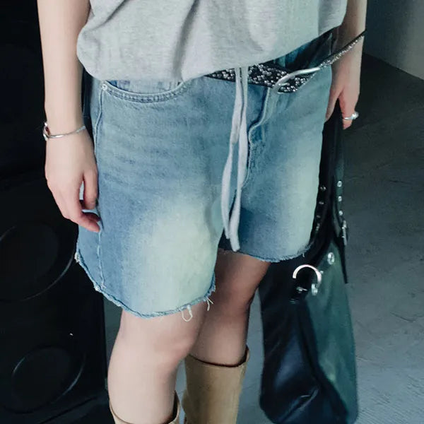 Calf-length Vintage Washed Denim Shorts 1 Color