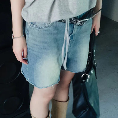 Calf-length Vintage Washed Denim Shorts 1 Color