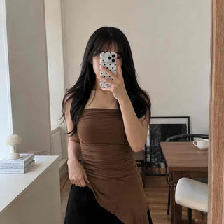 Shirred Frill Plain Asymmetrical Fitted Sleeveless