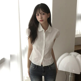 Punched Collar Puff Sleeve Back Ribbon Strap Cinched Waist Delicate Slim Fit Summer Short Sleeve Blouse