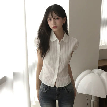Punched Collar Puff Sleeve Back Ribbon Strap Cinched Waist Delicate Slim Fit Summer Short Sleeve Blouse