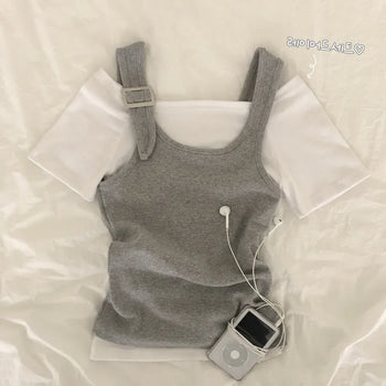 Buckle U-Neck Ribbed Slim Fit Sleeveless & Boat Neck Off-Shoulder Delicate Fit Short Sleeve T-shirt Layered Set