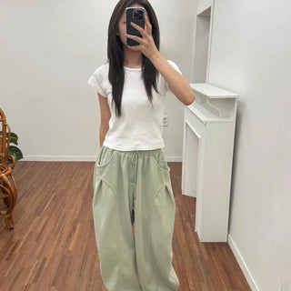 Loose Fit String Pintuck Barrel Wide Long Pants