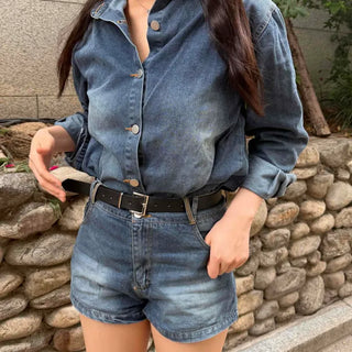 Washed Plain Button-Down Loose Fit Long Sleeve Two-Piece Set