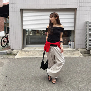Beto Ribbed Shirred Loose Fit Off-shoulder Short Sleeve T-shirt