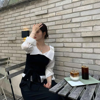 Regular Fit Plain Shirred Ribbon Layered Long Sleeve Blouse