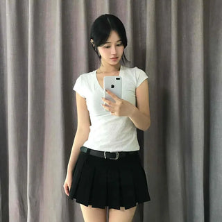 Pintuck Belt Loop Flare Daily Mini Skirt