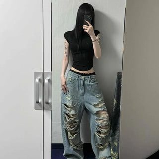 Loose Fit Washed Ripped Wide Long Pants
