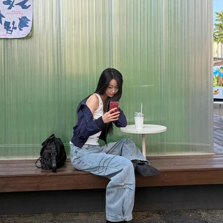 Loose Fit Washed Cargo Pocket Wide Long Pants
