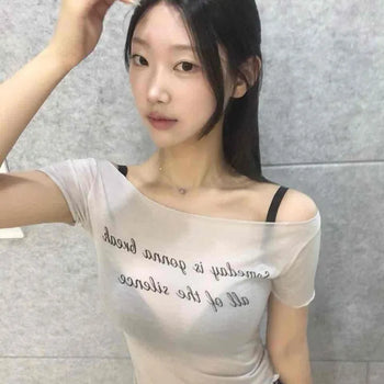 Off-shoulder Lettering Slim Fit Daily Short Sleeve T-shirt