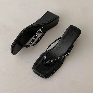 ◈6cm◈◈Wedge Studded Flip-flops Buckle Slippers Platform Heel Summer Wedding Guest Look Flip-flop Heels