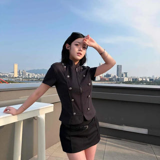 Slim Fit Striped Epaulet Zip-Up Short Sleeve Jacket