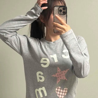 Patchwork Lettering Loose Fit Daily Long Sleeve T-shirt