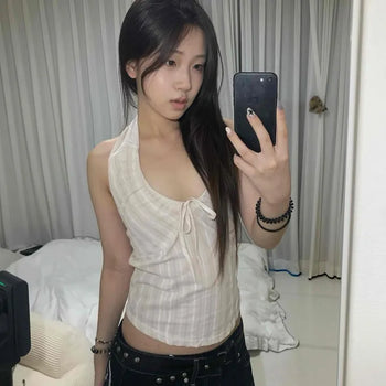 Fitted Stripe Shirred Ribbon Strap Sleeveless