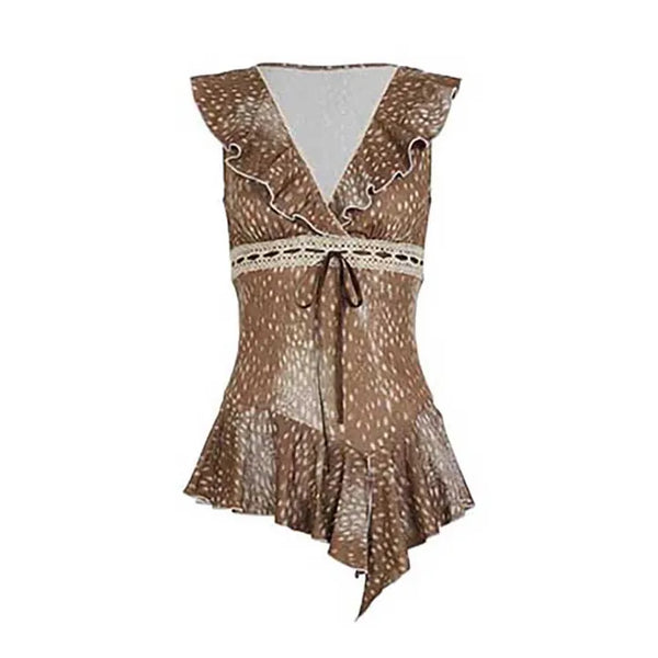 Vintage Bambi Print Ruffle Lace Sleeveless Top