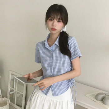 Lovely Mood, Summer Seersucker Side Shirring Strap Delicate Loose Fit Check Short Sleeve Shirt