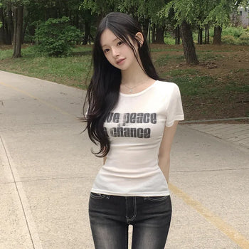Effortless Chic, U-Neck Vintage Lettering Side Shirring Delicate Slim Fit Short Sleeve T-shirt