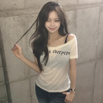 Hip Mood, Summer Lettering See-through V-Neck Slim Fit Short Sleeve T-shirt