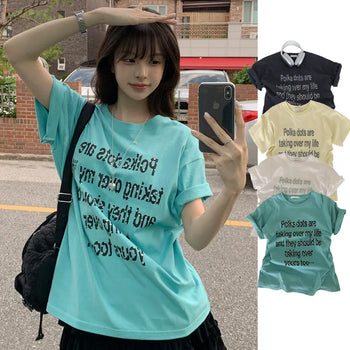 Protective Instinct Oversized Fit, Dot Lettering Round Neck Boxy Loose Fit Summer Short Sleeve T-shirt