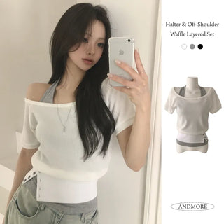 Effortless Chic, Halter Neck Slim Fit Sleeveless & Waffle Off-Shoulder Boat Neck Raglan Button Slit Waist-Cinched Delicate Fit Short Sleeve T-shirt Layered Set
