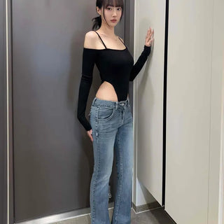 Washed Contrast Loose Fit Flare Daily Long Pants
