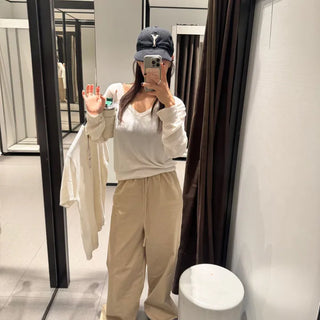 Ray Elastic Waist Pants  Cotton Wide Pants