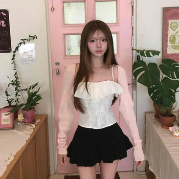 Fitted Plain Frill Shirred Off-Shoulder Long Sleeve Blouse