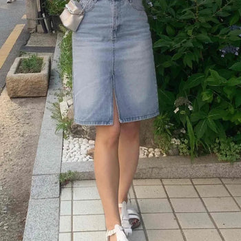 Washed Button Slit Straight H-Line Midi Skirt