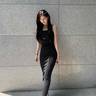 Strap Slit H-Line Slim Fit Plain Sleeveless Long Dress