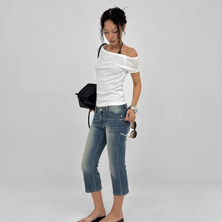 Pieto Low-Waist Denim Capri Pants [Capri Jeans Low-Rise Washed Jeans Slim Fit Trendy Daily Jeans Effortless Casual]