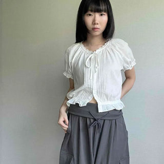 Shirred Frill Button Plain Short Sleeve Loose Fit Blouse