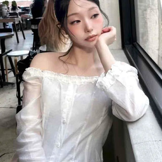 Frill Shirred Button Plain Long Sleeve Blouse
