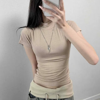 Mock Neck Scheme Tencel Slim Short Sleeve T-Shirt