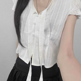 Tie Ribbon Pintuck Regular Fit Short Sleeve Blouse