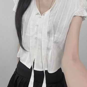 Tie Ribbon Pintuck Regular Fit Short Sleeve Blouse