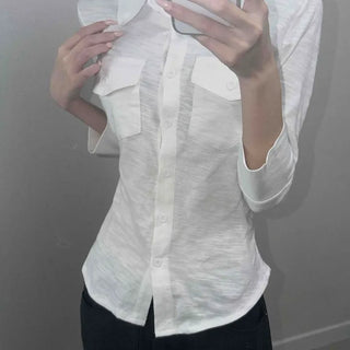 Button-down Flap Pocket Plain Long Sleeve Shirt