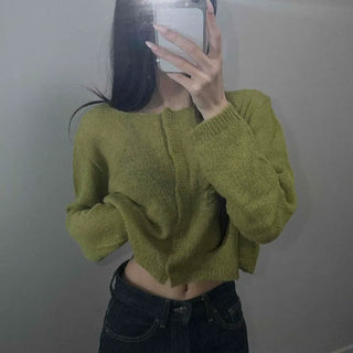 Loose-fit Buttoned Plain Long-sleeve Cardigan