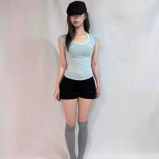 Slim Fit Plain Ribbon Shirred Fitted Short Sleeve T-shirt