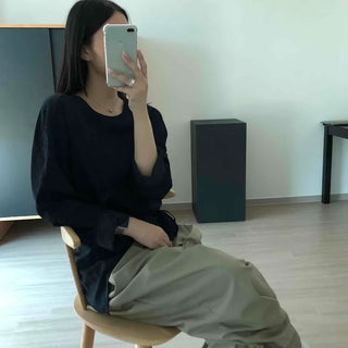 Loose-fit Plain Shirred Button Long-sleeve Blouse