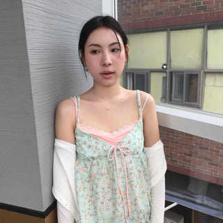 Shirred String Flower A-line Strap Sleeveless