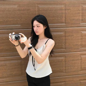 Striped Ribbon Button Shirred Strap Sleeveless