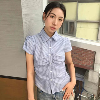 Shirred Frill Striped Button-Down Short Sleeve Blouse