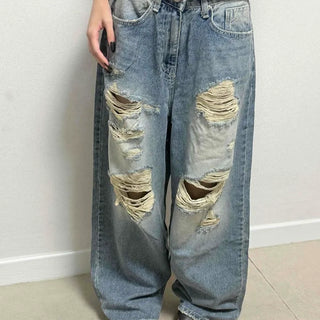 Tumble Wash Damaged Barrel Denim Pants