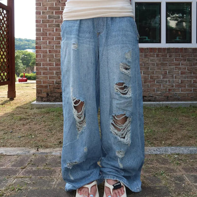Rib banding distressed wide denim pants