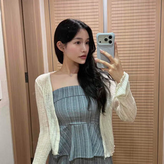 Os Linen Stripe Tube Top & Elastic Pants Two-Piece Set